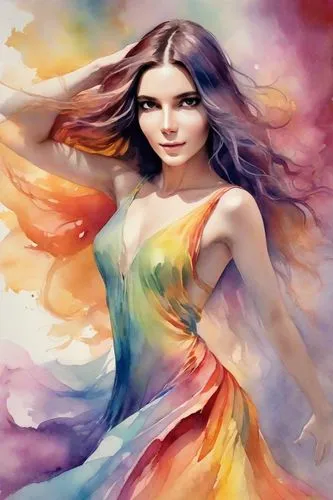 an image of a dancer in a dynamic and fluid pose, her body exuding grace and energy. She is dressed in a vibrant, flowing gown that cascades around her in a spectrum of colors, from deep reds to brigh