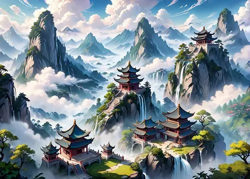 mountain landscape,mountainous landscape,mountain scene,tigers nest,fantasy landscape,landscape background,high mountains,mountain settlement,wenchuan,mountain world,tianxia,bird kingdom,wudang,yunnan,high landscape,mountains,shizhong,roof landscape,huanglong,5 dragon peak