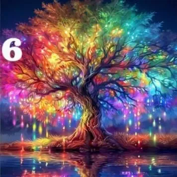 a painting on the wall is depicting a tree with bright lights,colorful tree of life,numerology,magic tree,numerological,watercolor tree,numerologist