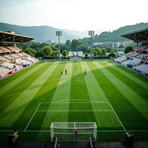 Lush green athletic fields, rolling hills, sports equipment, goalposts, soccer nets, baseball diamonds, tennis courts, track lanes, spectator stands, modern stadium architecture, sleek metal bleachers