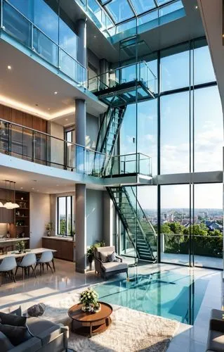 A glass Elevator for a residential house with 8 floors,a modern home features large windows and a swimming pool,penthouses,luxury home interior,loft,glass wall,lofts,crib,luxury home,modern house,luxu