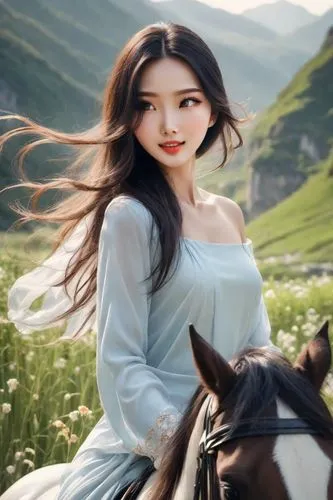 side view, realistic rich colors, green mountains, very beautiful charming Chinese woman in white, in a blue river, beautiful expressive eyes, beautiful thin lips, beautiful long hair, open shoulders,