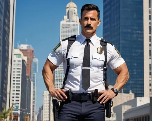 Law enforcement officer, male, 35-40 years old, muscular build, serious expression, short black hair, brown eyes, mustache, white shirt, black tie, police badge, gun holster, belt, formal pants, black