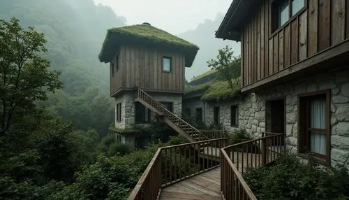 Winding wooden staircase, rustic metal railings, earthy tone stone walls, verdant green roofs, overhanging eaves, asymmetrical tower shape, irregular windows, distressed wood textures, natural lightin