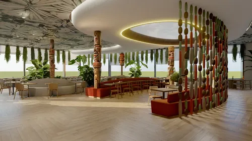 totem poles in bright wood color,eco hotel,3d rendering,meeting room,oria hotel,lobby,breakfast room,golf hotel,interior decoration,hotel w barcelona,hotel lobby,school design,conference room,seating 