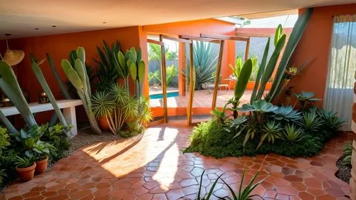 Modern Mexican Interior Design, Living Room, vibrant Mexican textiles, rustic terracotta tiles, lush indoor agave
,a living area with several plants around it,cabanas,solarium,patios,patio,tropical ho