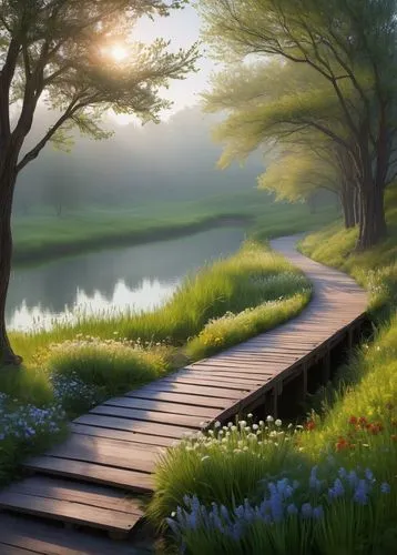 wooden path,the mystical path,pathway,landscape background,nature wallpaper,forest path,nature background,nature landscape,the path,meadow landscape,spring morning,beautiful landscape,landscape nature,fantasy landscape,wooden bridge,path,the way of nature,tree lined path,forest landscape,green landscape,Conceptual Art,Fantasy,Fantasy 08