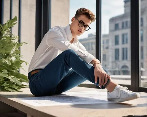 Modern college campus, department of architecture, reengineering building, 26 years old, male student, black framed glasses, short brown hair, casual wear, white shirt, dark blue jeans, sneakers, hold