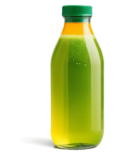 Juice bottle, transparent glass, orange juice, rounded body, green cap, shiny surface, condensation droplets, morning light, close-up shot, 3/4 composition, soft focus, warm color tone, realistic rend