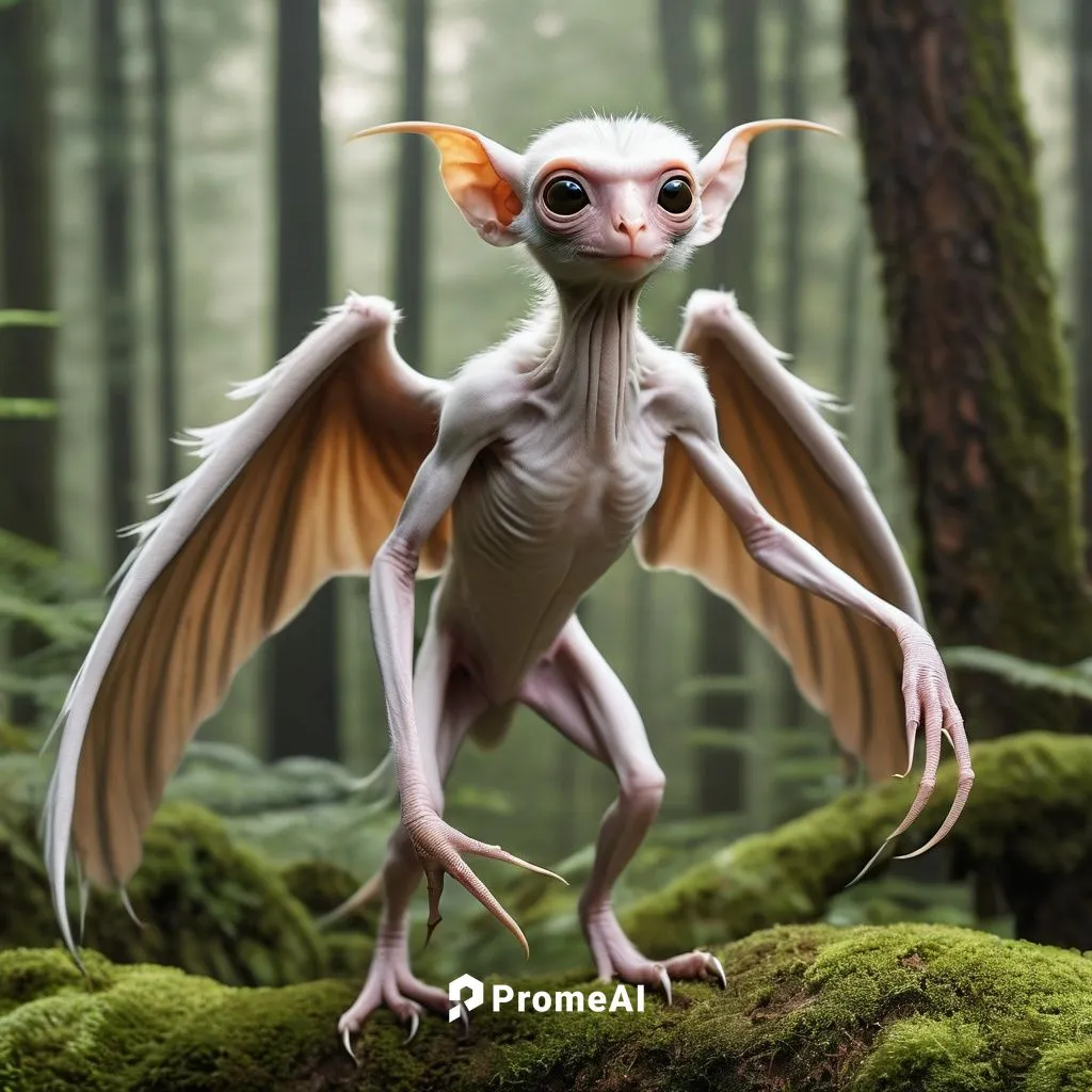 Photorealistic lifelike 4K image In the dense forest of a non-terrestrial planet a very strange looking non-terrestrial creature with both Simian and Avian features giving it a "Flying mammal" appeara