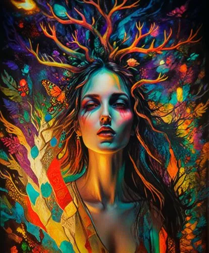 BLACK LIGHT POSTER OF A PSYCHEDELIC THOUGHT,psychedelic art,boho art,colorful tree of life,mystical portrait of a girl,dryad,fantasy art,colorful background,faerie,fantasy portrait,faery,the enchantre