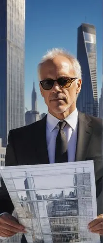 Peter Frampton, mature gentleman, architect, 50yo, glasses, short brown hair, trimmed beard, white shirt, black suit, tie, holding blueprints, standing, skyscraper background, cityscape, sunny day, pa