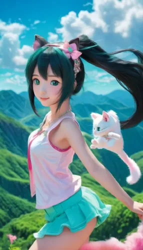 a girl in a pink top has long hair flying in the air,anime 3d,monogatari,spring background,hatsune miku,nanako,rie