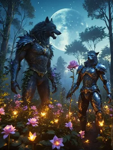 In a medieval enchanted forest, a friendly werewolf holds a glowing blue rose up. A very attractive, youthful man in subtle medieval armor and attire looks at the rose the werewolf is holding with exc