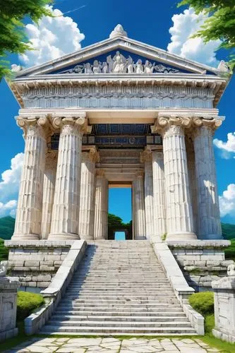 Ancient Greek temple, grandiose, white marble, ornate columns, intricately carved frieze, imposing pediment, stairway leading up, massive stone walls, symmetrical facade, majestic entrance, bright blu