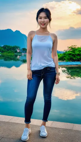 vietnamese woman,asian woman,plus-size model,photographic background,landscape background,portrait background,asian vision,wellness coach,bia hơi,jeans background,half lotus tree pose,fitness model,vietnamese,strong woman,chinese background,green background,plus-size,da nang,health is wealth,qi gong,Photography,General,Realistic