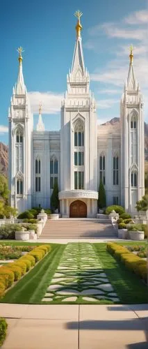 Mormon temple, Utah style, white stone exterior, intricate carvings, grand staircase, ornate spires, stained glass windows, majestic entrance doors, symmetrical facade, lush green lawn, surrounding mo