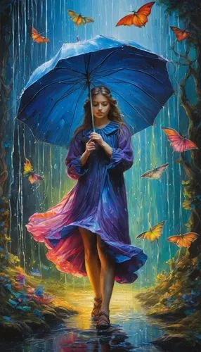 little girl with umbrella,walking in the rain,blue rain,in the rain,rainfall,monsoon,Photography,General,Fantasy