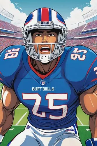 American football player, Buffalo Bills jersey, muscular man, athletic build, helmet, football pads, gloves, mouthguard, intense expression, determined eyes, sweaty face, green grass, stadium seating,