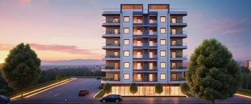 Professional architectural rendering of the building facade in a way that shows the beauty and details of the modern architectural style with colors
 Modern and warm lighting adds elegance and beauty,