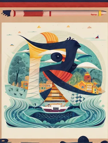 birds of the sea,travel poster,nautical paper,ocean liner,nautical banner,sea bird,sailing orange,sea fantasy,sea birds,sea sailing ship,pelican,nautical bunting,caravel,boat landscape,felucca,paper s