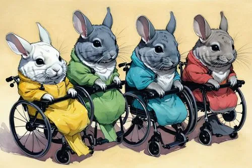 rabbit family,myxomatosis,rabbits,lagomorphs,lagomorpha,wheelchairs,Illustration,Paper based,Paper Based 17