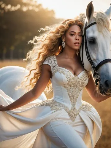 white horse,a white horse,equestrian,wedding dresses,equestrianism,wedding dress train,horse looks,wedding gown,horseback,bridal clothing,blonde in wedding dress,white horses,sun bride,horseback riding,wedding dress,silver wedding,dressage,bridal dress,wedding photo,horsemanship,Illustration,American Style,American Style 12