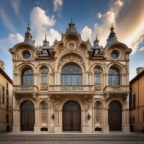 Baroque pamphlet architecture, ornate building facade, intricate stone carvings, grand entrance with pillars, symmetrical composition, Renaissance-inspired details, warm beige stone walls, slate roof 