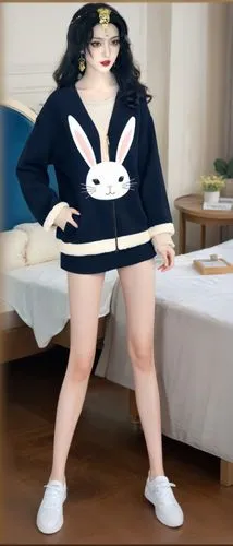 a model poses in a short skirt with a white rabbit drawn on her chest,thighpaulsandra,jiggly,szewczyk,titterrell,pao,szewczenko