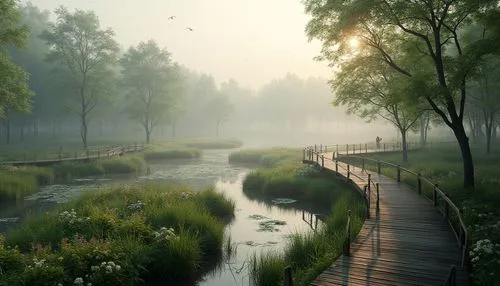 foggy landscape,morning mist,landscape background,fantasy landscape,river landscape,nature landscape,wetland,landscape nature,wooden bridge,wetlands,forest landscape,meadow landscape,green landscape,nature wallpaper,beautiful landscape,home landscape,world digital painting,nature background,forest path,the mystical path,Photography,General,Realistic