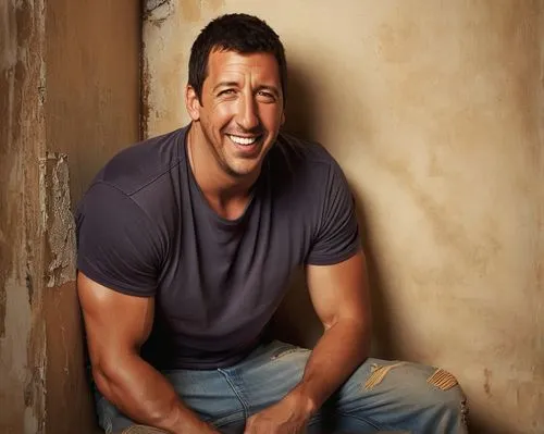 Muscular man, Adam Sandler, shirtless, athletic build, messy brown hair, bright smile, goofy expression, casual posture, leaning against a wall, arms crossed, ripped jeans, sneakers, relaxed atmospher