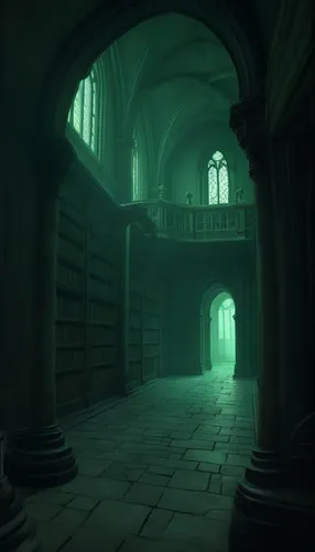 An eerie green light shines through a mist of fog.,an empty room with many bookshelves in it,old library,inglenook,bookshelves,libraries,diagon,bibliotheque