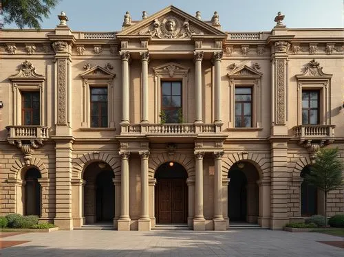 Grand historic building facade, ornate stonework, symmetrical composition, imposing columns, intricate carvings, grandiose entrance, regal balconies, majestic arches, solemn statues, vintage lanterns,