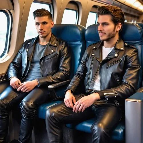 a 26 year old man and his boyfriend sitting in their seats wearing leather pants and a leather jacket on Amtrak ,men sitting,train seats,leather,leather jacket,black leather,train ride,menswear,deutsc