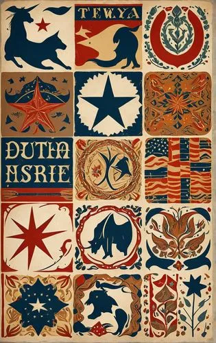 美国西部乡村风牛仔德克萨斯星星动物复古元素,an illustration of the stars and shapes in a flag,motifs of blue stars,heraldry,batiks,flags and pennants,hessians,pennants,Illustration,Retro,Retro 05