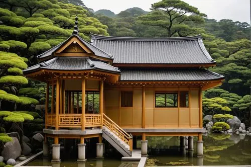 there is a building with some steps going up to it,golden pavilion,the golden pavilion,japan garden,japanese shrine,kyoto,asian architecture,Photography,General,Realistic