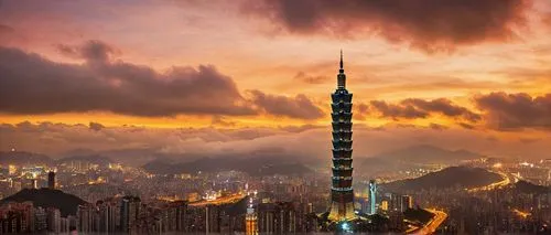 Taipei 101 skyscraper, modern architectural style, sleek glass exterior, intricate steel framework, towering high-rise building, bustling cityscape, vibrant nightlights, misty cloud cover, observation