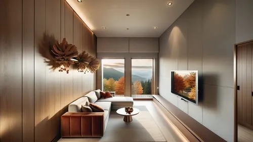 This photo showcases a living room and small kitchen in a hotel suite located in Puli, Taiwan, designed with a warm and elegant American autumn style. The room features stylish furniture and wooden de