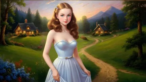 Romantic masterpiece oil painting, cute girl portrait, nostalgic 1950's style kitsch, rolling hills landscape, lush forest village scenery, by Thomas Kinkade, by Bob Ross,maureen o'hara - female,girl 