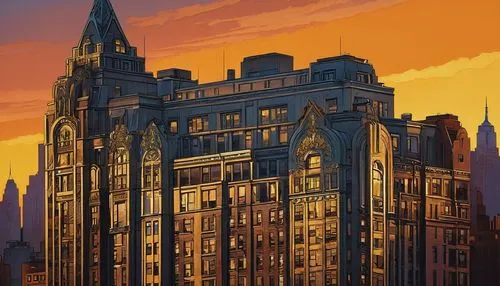 schuitema,apartment building,schuiten,beautiful buildings,renaissance tower,cityscape,kempinski,metropolis,sky apartment,london buildings,art deco,apartment block,grand hotel,skyscrapers,dusk,the skyscraper,apartments,samaritaine,evening city,skyscraper,Illustration,Paper based,Paper Based 05