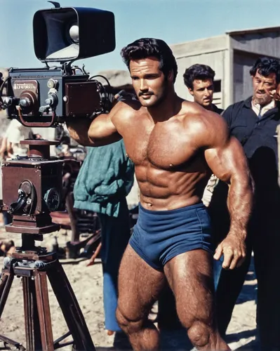 Steve Reeves on the movie set, preparing for a scene.,cinematographer,cameraman,camera man,camera operator,filming equipment,hercules winner,film actor,camcorder,camera equipment,shooting a movie,movi