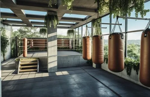 Boxing gym, urban design, punching bags, arena, curtain walls, lots of vegetation, concrete pergola open to the sky, vegetation hanging from the ceiling, modern, clean, soft floor,the gym is set up in