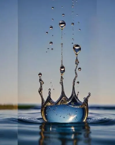 ein Wassertropfen, der ins Wasser dynamische Aufprall fällt und eine Wasserkrone bildet,waterdrop,drop of water,water drop,mirror in a drop,water droplet,a drop of water,splash photography,photoshoot 