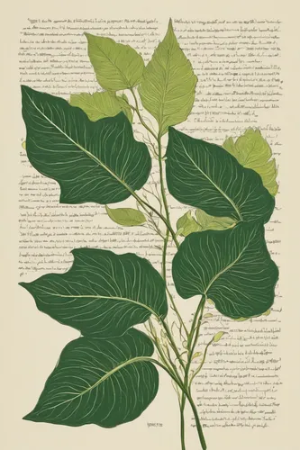 Compose a peaceful poem inspired by the delicate scent of balsamita leaves.,fig leaf,vine leaves,catalpa,eastern catalpa,walnut leaf,slippery elm,bay-leaf,coccoloba uvifera,vintage botanical,phyllanth