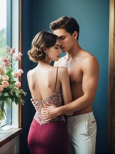 Create an elegant couple in love that will show off your best work.,a woman and a man in a wedding dress standing next to each other,maxon,vintage man and woman,vintage boy and girl,dancing couple,luc