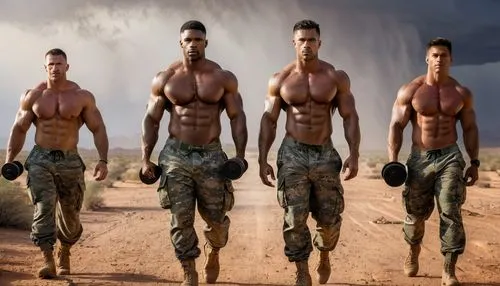 several soldiers shirtless, with extreme powerful muscles, almost naked just wearing slips, they are working in a desert GYM on base in the desert, with barbells, dumbels their oily, tanned bodies shi