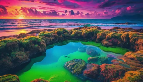 colorful water,tide pool,volcano pool,colorful background,acid lake,background colorful,ocean paradise,dream beach,alien world,pink beach,underwater landscape,full hd wallpaper,splendid colors,hd wallpaper,beautiful beach,fantasy landscape,intense colours,bermuda,ocean background,beautiful beaches,Conceptual Art,Sci-Fi,Sci-Fi 27