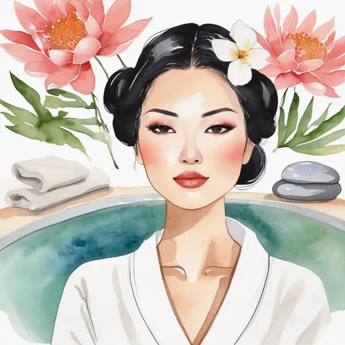 geisha girl,geisha,oriental princess,japanese woman,oriental girl,spa items,spa,beauty mask,laundress,oriental painting,rose flower illustration,kimono,day spa,asian woman,princess leia,beauty treatment,jasmine blossom,lotus art drawing,water lotus,japanese art,Illustration,Paper based,Paper Based 07