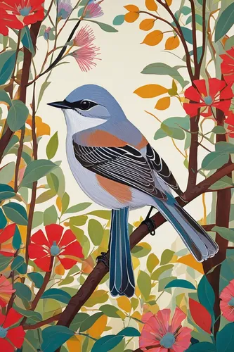 Imagine a peaceful forest with a red-capped lesser whitethroat singing a cheerful melody. (Mood: Tranquil),northern mockingbird,northern grey shrike,loggerhead shrike,chipping sparrow,bird painting,bi