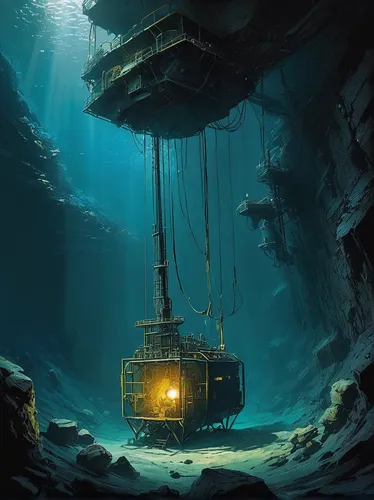 diving bell,underwater playground,sunken boat,sunken ship,submersible,sunken church,undersea,semi-submersible,deep sea diving,cube sea,deep sea,diving helmet,mining facility,the bottom of the sea,marine tank,underwater landscape,underwater oasis,bottom of the sea,mining excavator,sea trenches,Illustration,Paper based,Paper Based 05